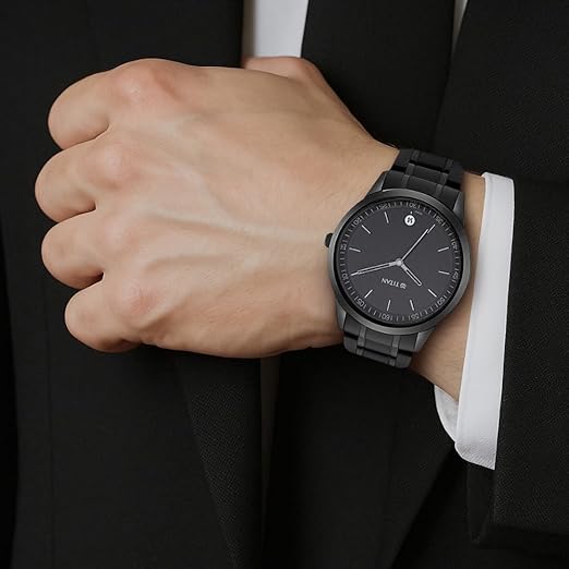 Titan Minimals Quartz Analog with Date Black Dial Black Metal Strap Watch for Men